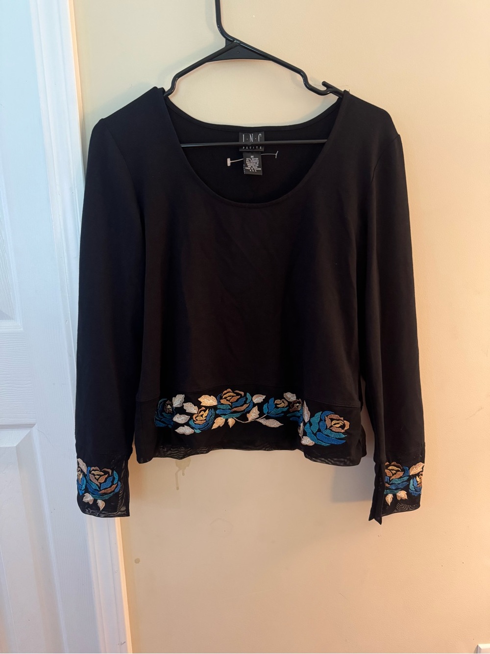 INC International Concepts Black Long-Sleeve Embroidered Hem Top